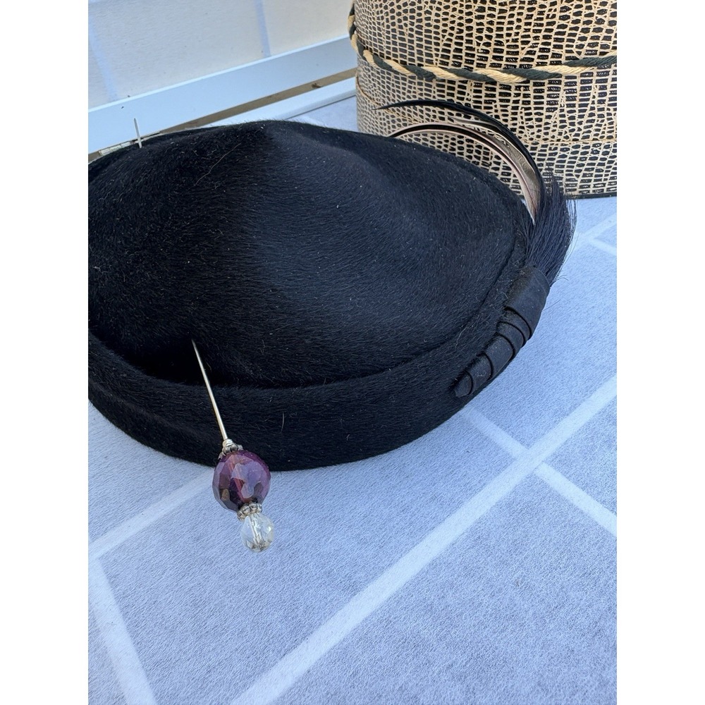 Vintage 1940s Wadley New York Taormina Black Fur Felt Cocktail Hat, Hatpin & Box